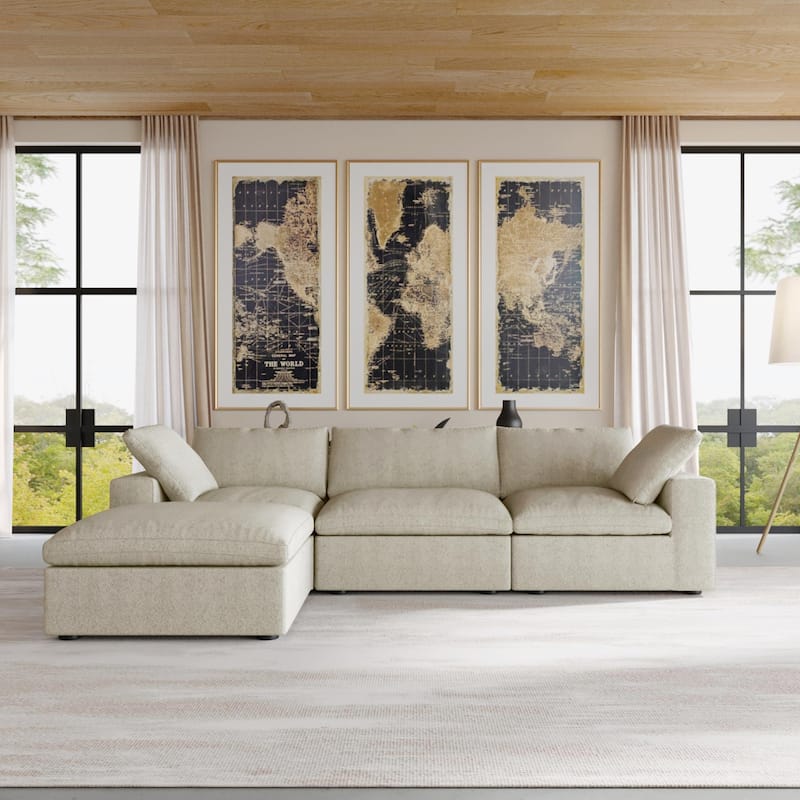 L-shape Linen Upholstered Sofa Multiple Cushions Sectional Couch - Khaki
