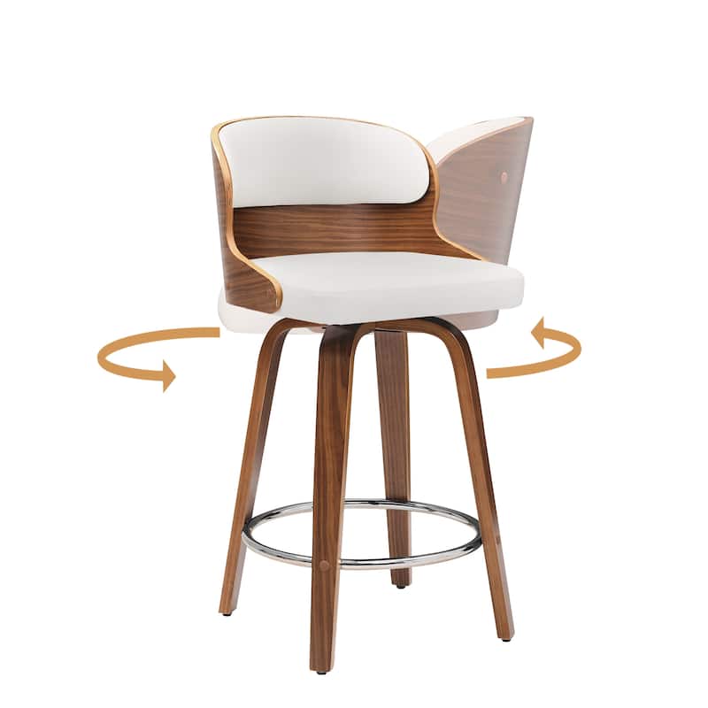 26 in. Counter Height Stool, Wooden Swivel Barstool PU Leather with Low Back - Set of 2 - White