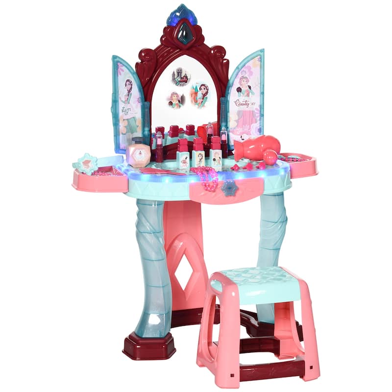 Qaba Self-Opening Mirror Design Kids Vanity Makeup Table Set with Chair and 31-Piece Collection, Imaginative Toy
