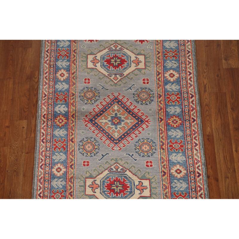 Traditional Geometric Kazak Oriental Grey Wool Runner Rug Hand-knotted - 2'8" x 9'9"