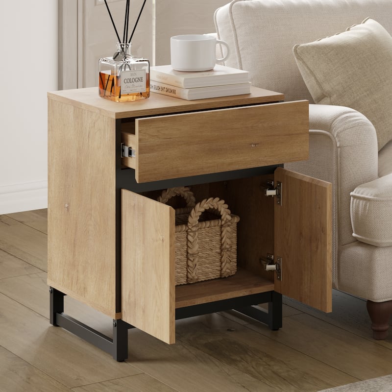 WAMPAT Modern Nightstand with 1 Drawer & 1 Storage Cabinet, Farmhouse Bedside Table with 2 Open Door forBedroom