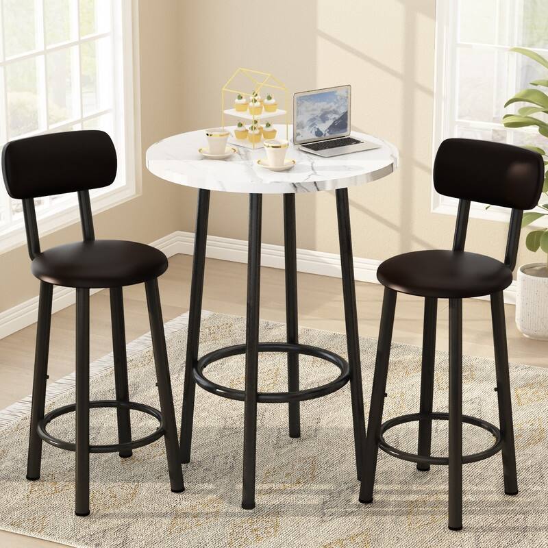 3-Piece Counter Height Bar Table Set, Faux Marble Round Bistro Dining Set with Two PU Leather Upholstered Chairs