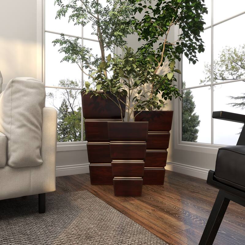 Brown Metal Light Weight Indoor Outdoor Planter with Tapered Base and Fluted Design (Set of 3)