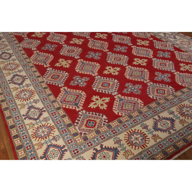 Hand Knotted Oriental 100% Wool Carpet Traditional Geometric Red Kazak Area Rug - 12' 10'' X 9' 6''