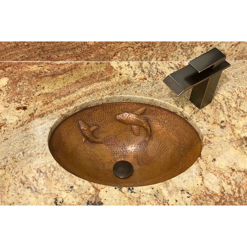 19-in Oval Under Counter Hammered Copper Bathroom Sink with Koi Fish Design (LO19FKOIDB)