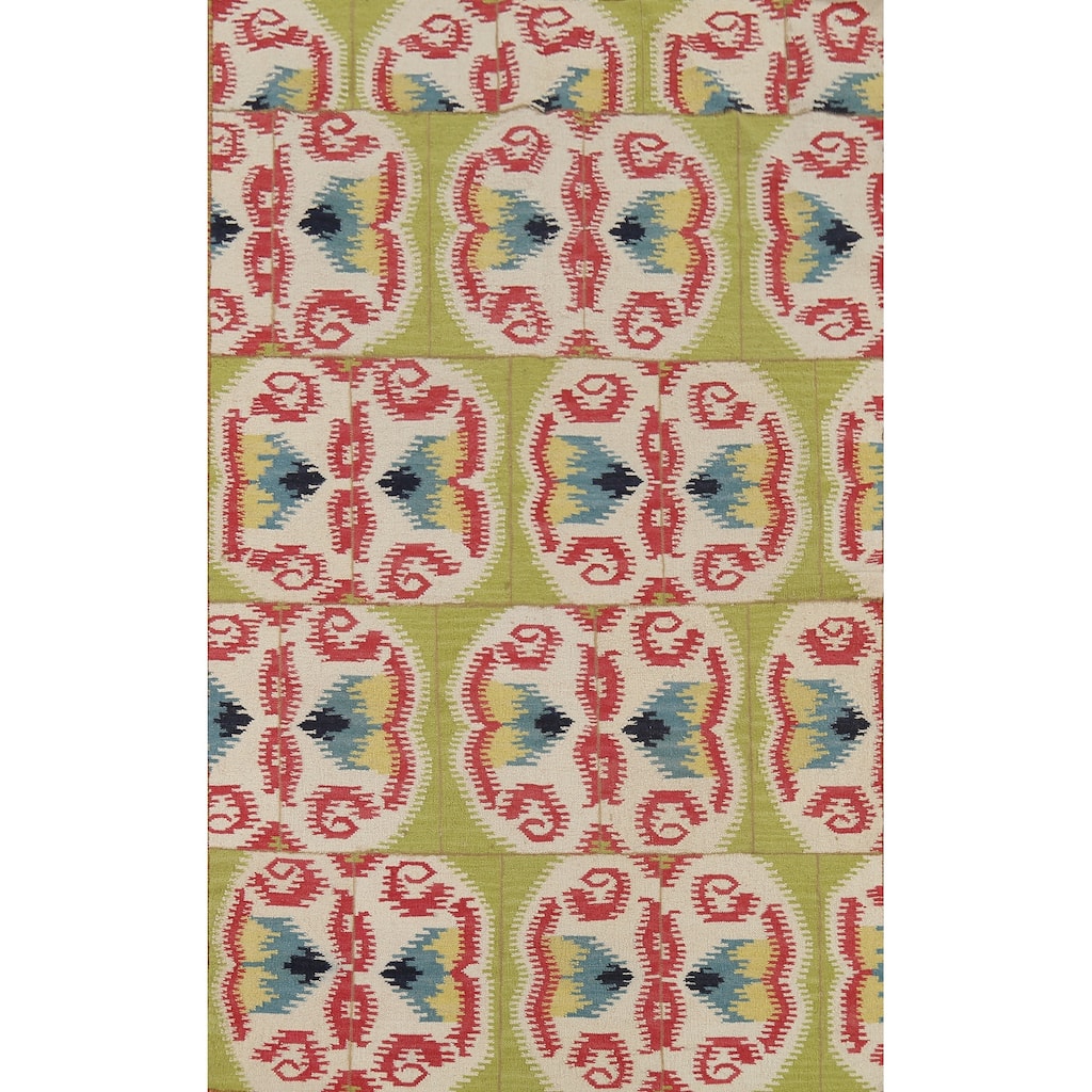 Hand-Woven Green Kilim Oriental Area Rug Handmade Wool Carpet - 4'10"x 7'11"