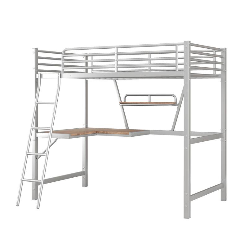 Twin Size Loft Bed with Desk and Shelf, Metal & MDF Frame, Black
