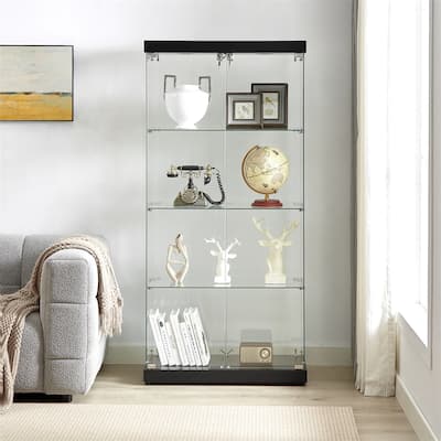 4-Tier Double Door Glass Display Cabinet, Four Partitions, Two Locks