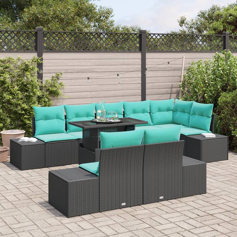 vidaXL 9 Piece Garden Sofa Set with Cushions Black Poly Rattan - 125.6×60.6×27.2