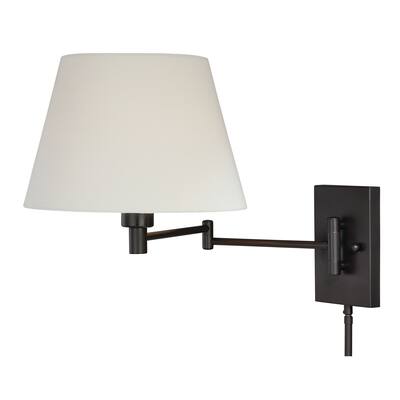 Chapeau Plug-In Bronze Cone Motion Sensor Swing Arm Wall Lamp White Linen Shade - 12-in W x 13-in H x 22.25-in D