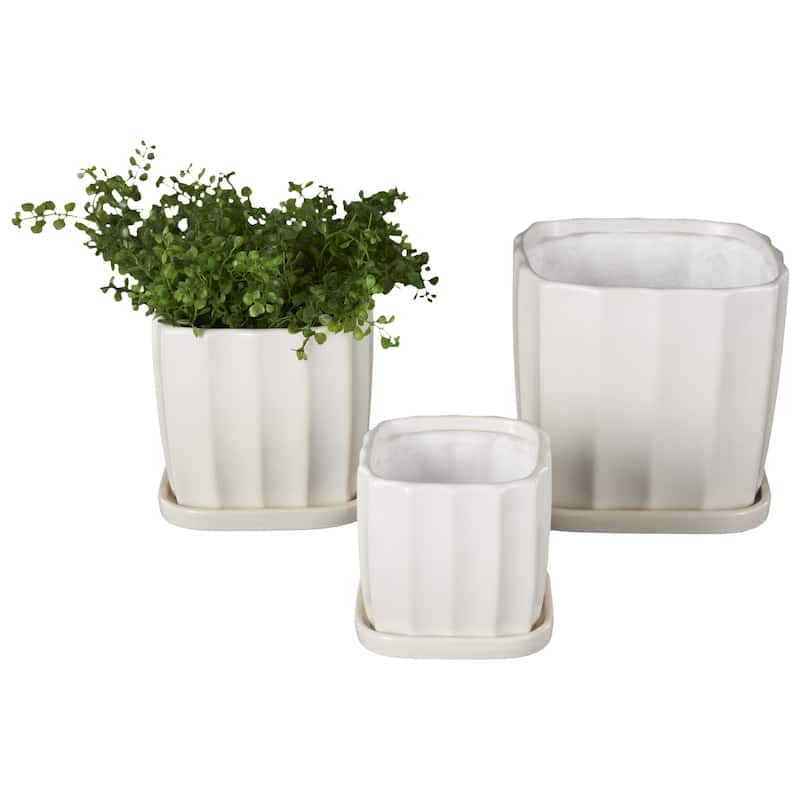 Ceramic Ribbed Indoor Outdoor Planter with Attached Saucer - Set of 3 Black or White - Roche River Decor - White