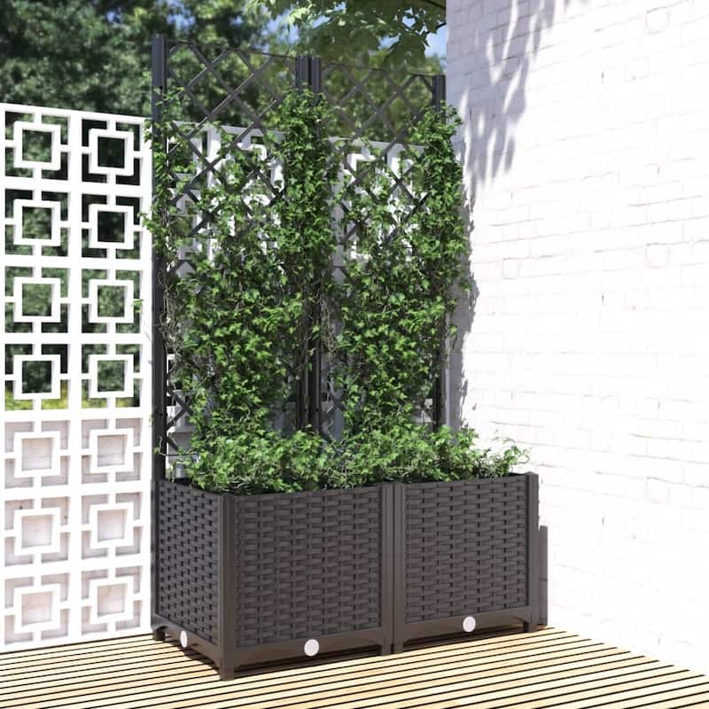 vidaXL Garden Planter with Trellis Plant Pot Flower Box Raised Bed Outdoor PP - 31.5" x 15.7" x 53.5" - Black