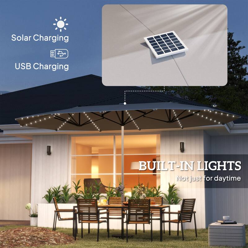 Solar Powered LED Patio Umbrella with UV Protection Outdoor Garden Patio Umbrella with LED Lights Crank Lift