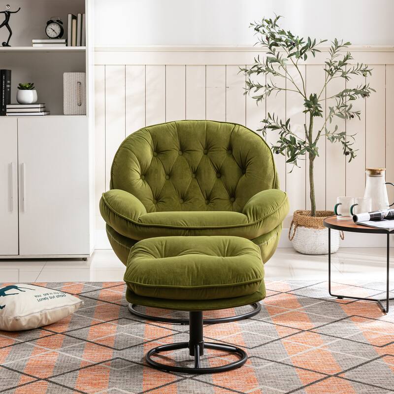Velvet Swivel Accent Chair with Ottoman & Metal Legs (360° Rotation)