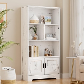 Bookcase with Doors White Bookshelf with LED Lights Modern Storage Rack ...