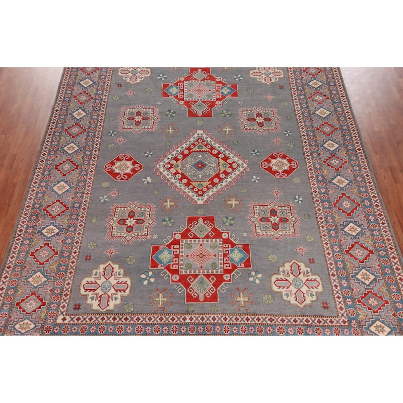 Hand Knotted Oriental 100% Wool Carpet Traditional Geometric Greys & Charcoal Kazak Area Rug - 13' 7'' X 9' 10''
