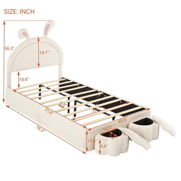 Velvet Upholstered Rabbit-Shape Platform Bed with 2 Storage Stools