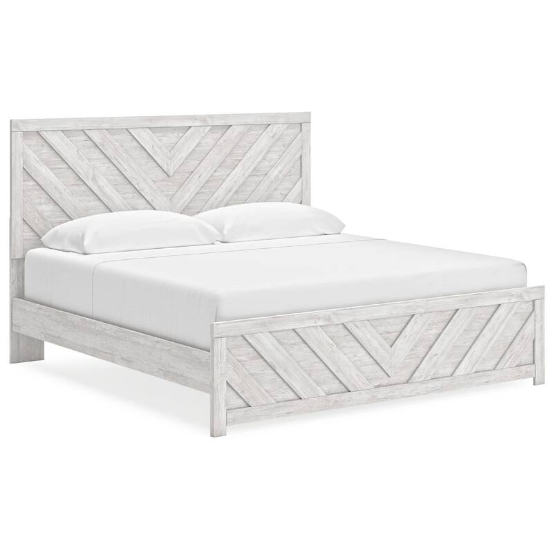 Cany King Size Bed, Chevron Pattern, Panel Headboard, Whitewash