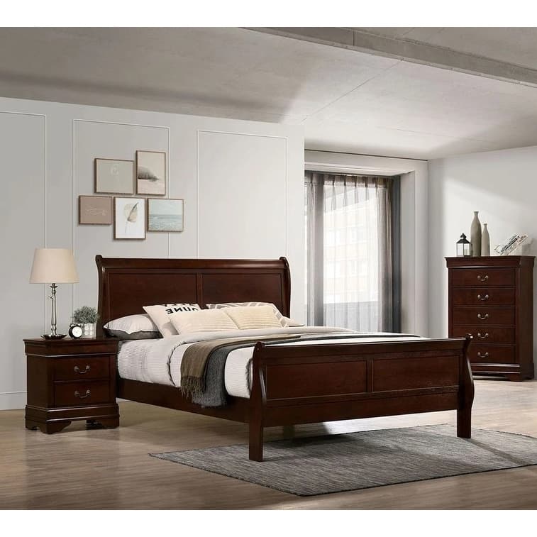 Queen Size Sleigh Bed in Cherry Finish, Transitional Style Solid Wood Bedroom Furniture - Cherry