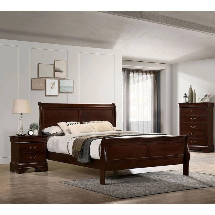 Twin Size Sleigh Bed in Cherry Finish, Solid Wood Construction, Transitional Style - Cherry