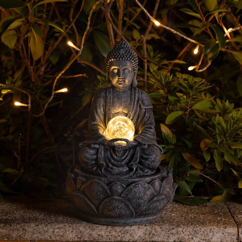 Glitzhome 12"H Zen-Style Polyresin Table Fountain with Pump and LED Light
