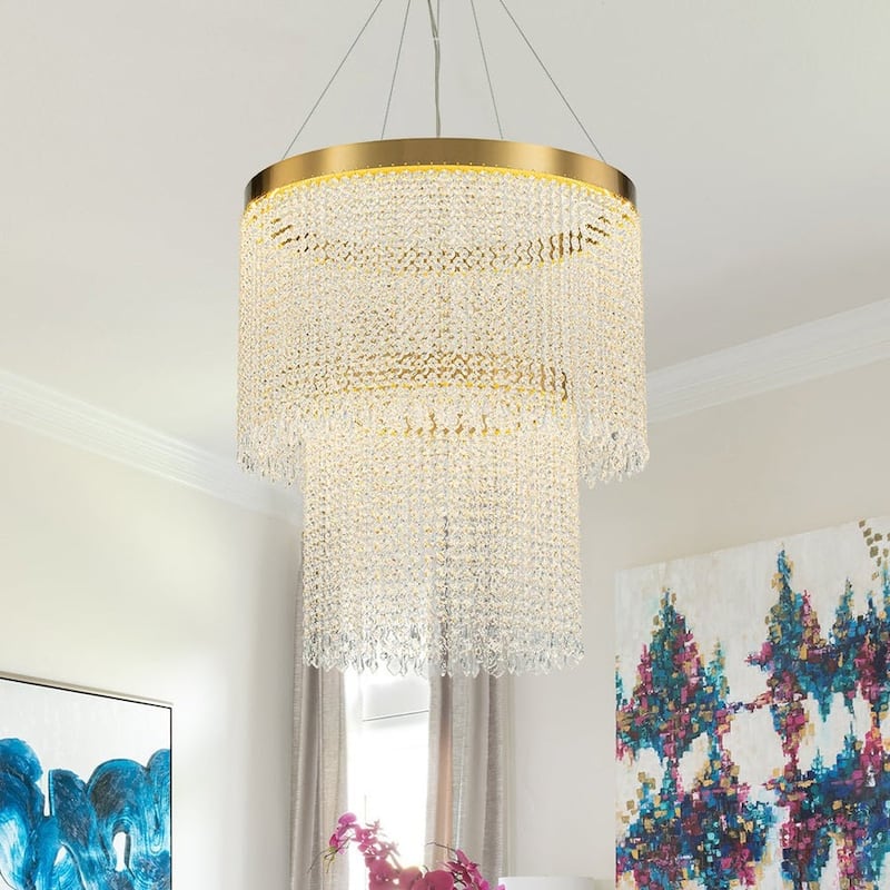 2-Tier Dimmable LED Crystal Tassel Circular Chandelier - Brass 23"