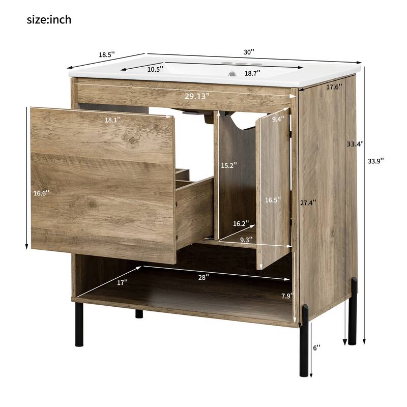 Farmhouse Bathroom Vanity Base & Ceramic Basin Set, 30" Single Bathroom Vanity Storage Cabinet with Open Storage Shelf - 30 Inch