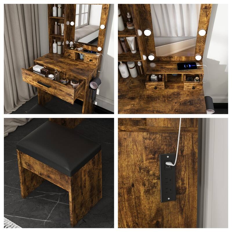Vanity Table with Mirror & Adjustable LED Lights, Power Outlet, Hairdryer Holder & Stool