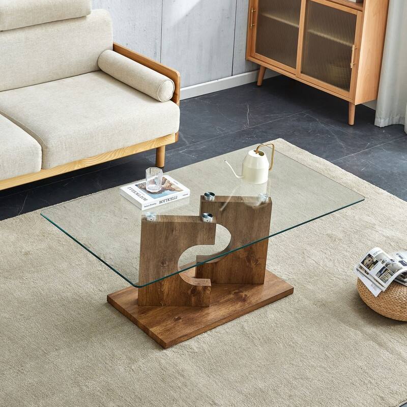 47.2"L Rectangular Coffee Table with Tempered Glass Tabletop - Natural