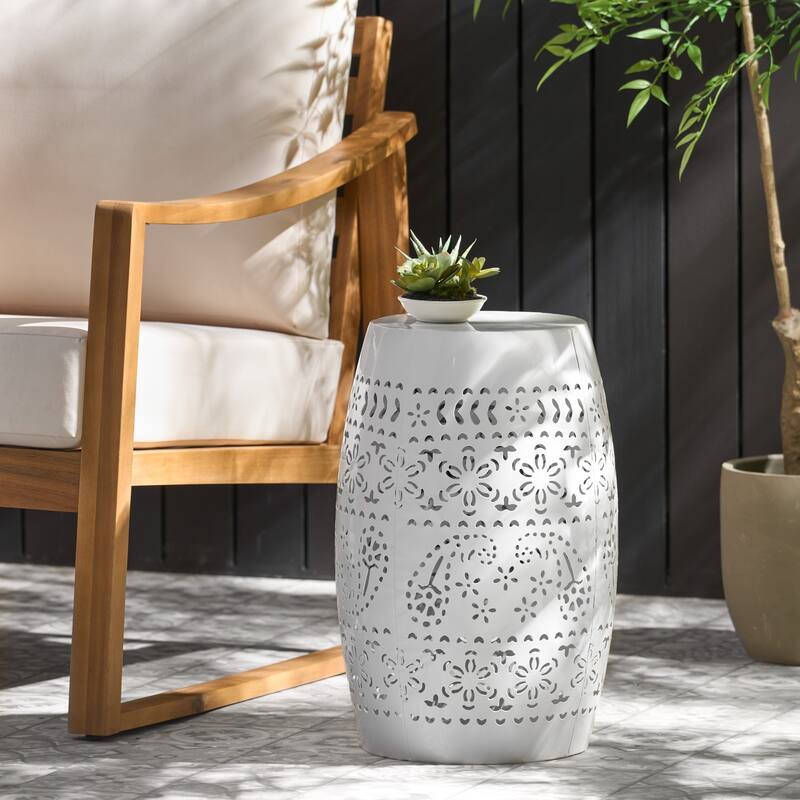 Roomfitters Modern Lace Cut Metal Side Table, Barrel Shape Outdoor Accent Table for Patio and Garden