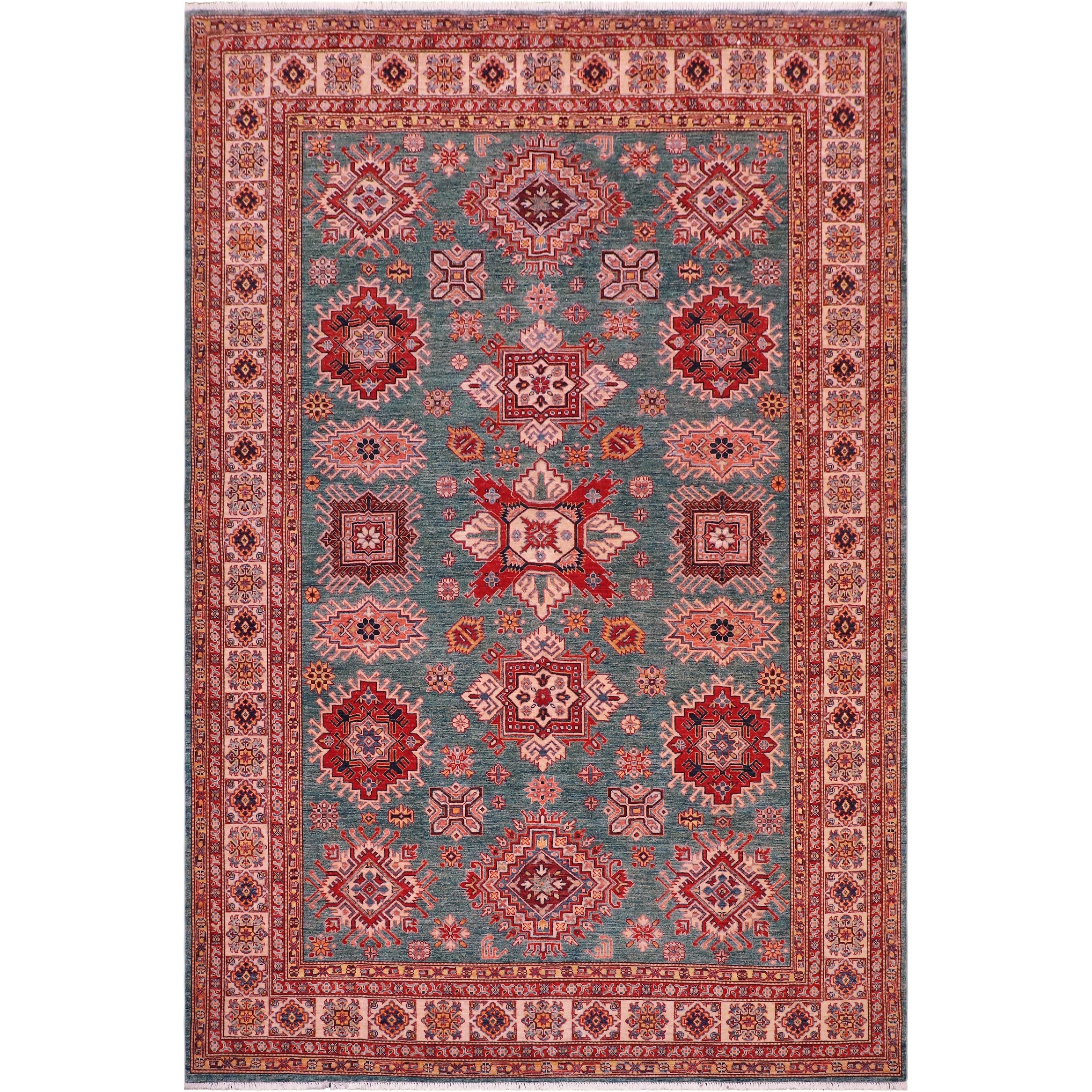 Caucasian Super Kazak Rowan Green/Beige Hand Knotted Wool Rug - 8'2'' x 10'2''