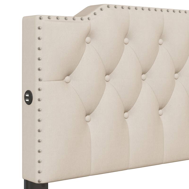 Linen Platform Bed with 2 Drawers, USB Ports, and Nailhead Accents