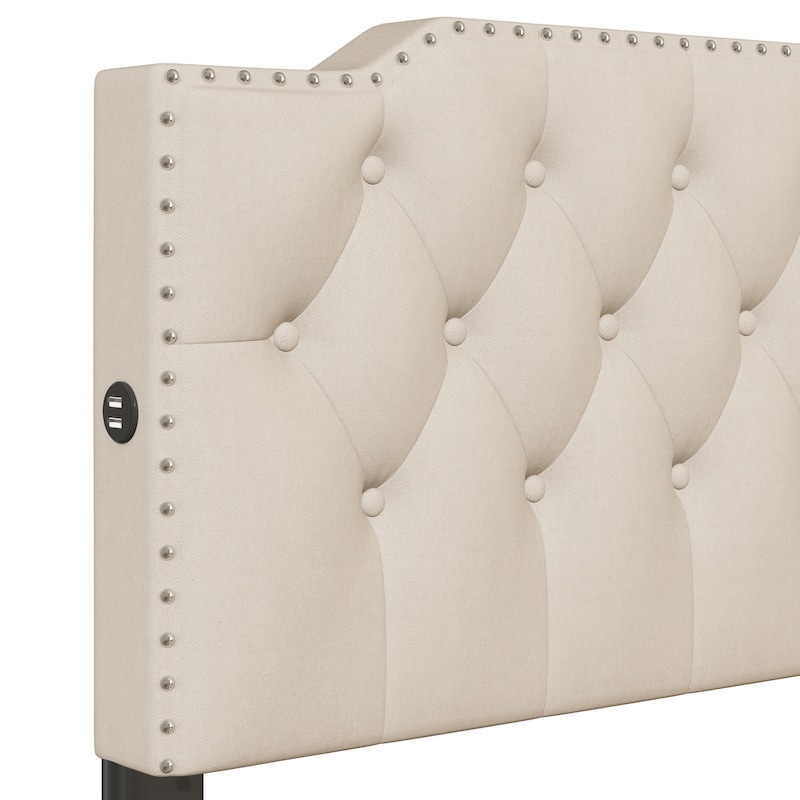 Queen Size Linen Upholstered Platform Bed with 2 Drawers and 4 USB Ports, Button-Tufted Design
