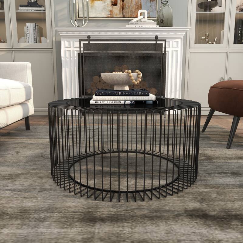 Metal Open Wire Frame Coffee Table with Shaded Glass Top - Black - Roche River Decor