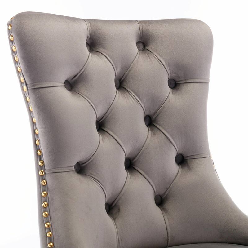 Tufted Velvet Dining Chairs - Solid Wood - Golden Stainless Steel Legs - Nailhead Trim - Set of 2