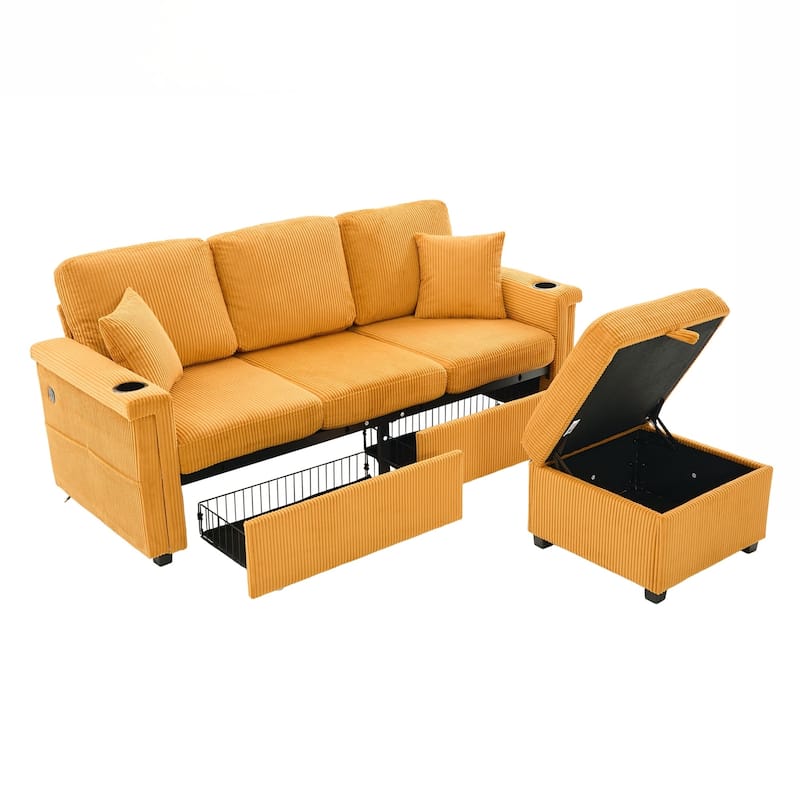 L-Shaped Sectional Sofa with Pull-Out Storage,Ottoman & Pillows 3-Seat with USB Charging,Cup Holder, Convertible Design