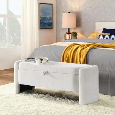 Oval Ottoman Storage Bench Chenille Fabric Bench with Large Storage Space for the Living Room