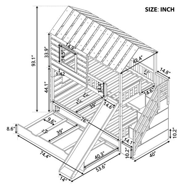 Kids Twin House Bunk Bed with Slide, Trundle, and Storage Stairs, Pine Wood Frame with Roof and Window Design