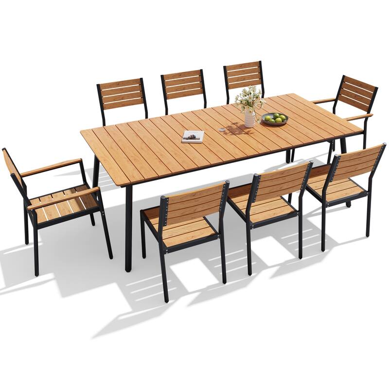 9-Piece Outdoor Patio Dining Set Wood-Like Table Top Alumium Umbrella Hole Table with Stackable Chairs - N/A