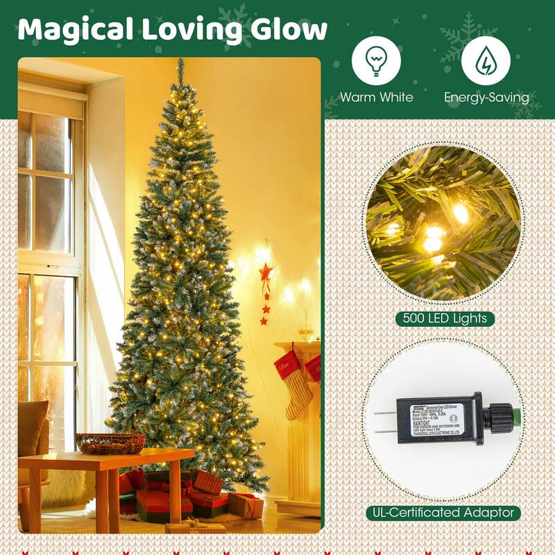 Costway 6FT/9FT Pre-Lit Christmas Tree Hinged Slim Pencil Xmas with