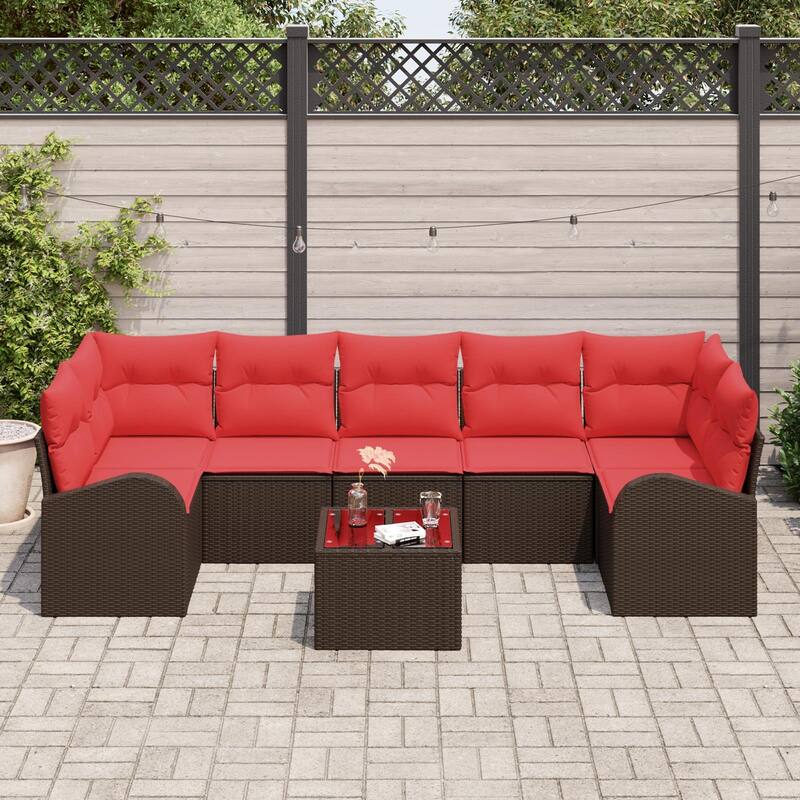 vidaXL 8 Garden Sofa Set with Cushions Black/Brown/Grey Poly Rattan - 113.8 x 48.8 x 27.2