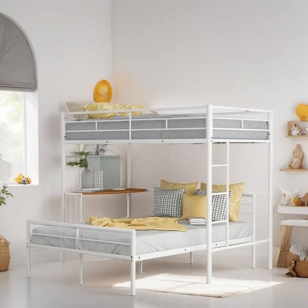 slide 2 of 9, Twin Over Full Bunk Bed with Desk, Metal Bed with Ladder, Kid's Bed with Quality Slats for Bedroom, Metallic White White