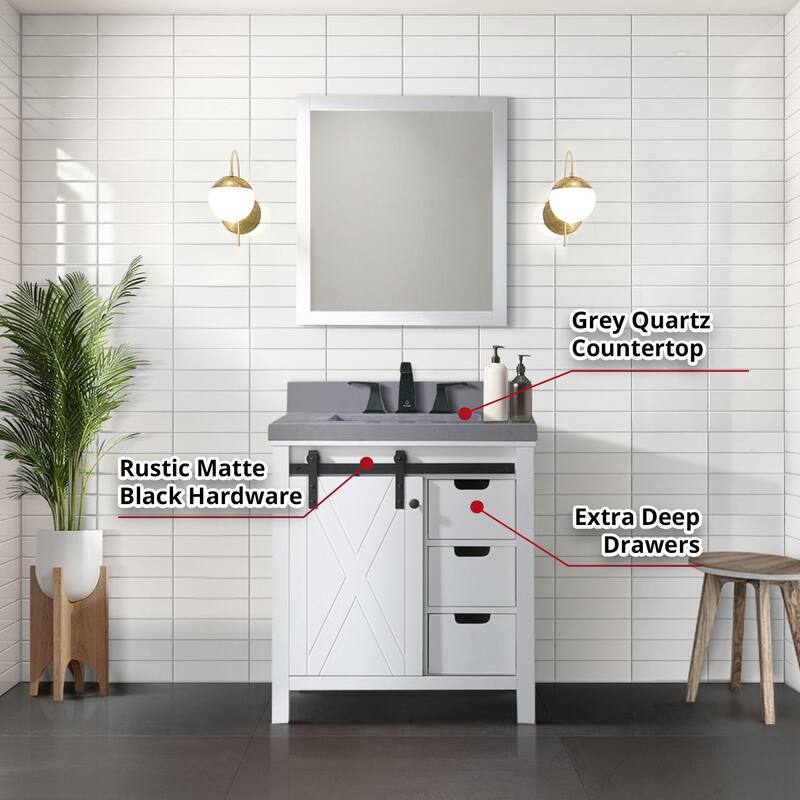 Marsyas Bath Vanity, Grey Quartz Countertop and Mirrors