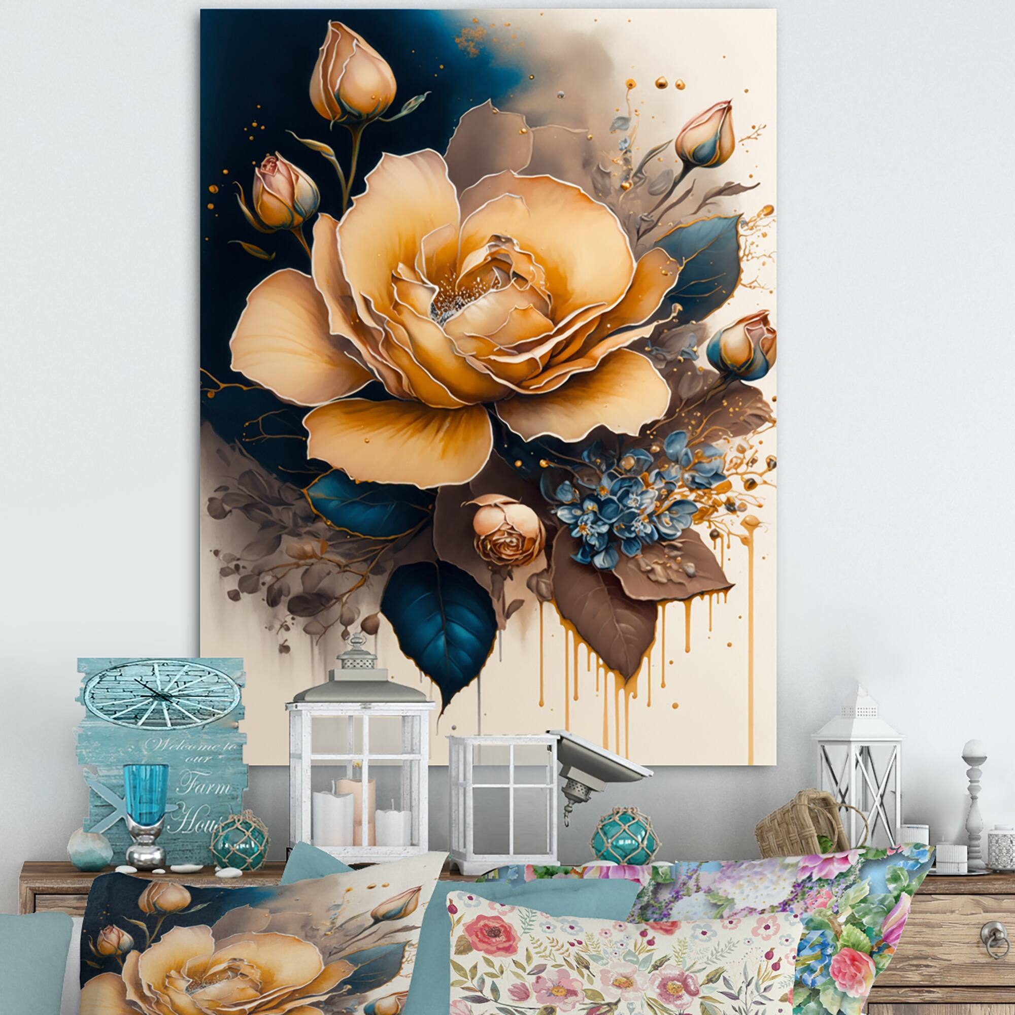 Designart 'Yellow And Blue Roses II' Floral & Botanical Canvas Wall Art