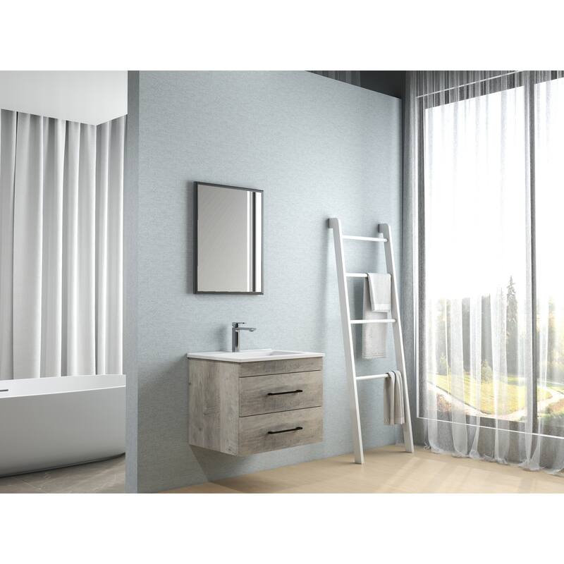 GDFStudio - 24-Inch Wood Grain Wall-Mounted Bathroom Vanity with Double Drawers, Ceramic Sink, and Aluminum Frame