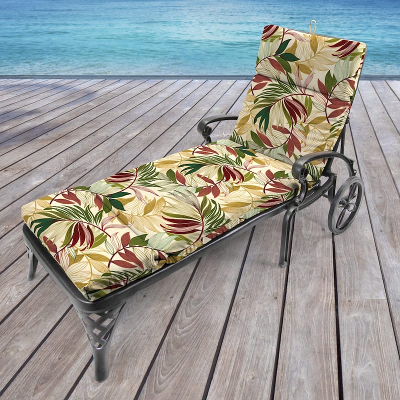 72" x 22" Beige Leaves Outdoor Chaise Lounge Cushion with Ties and Loop - 72'' L x 22'' W x 3.5'' H