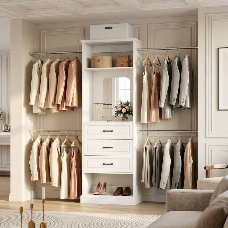 90'' W Closet System with Extendable Hanging Rods & Mirror,Walk-in Closet Organizer System Starter Kit with Drawers