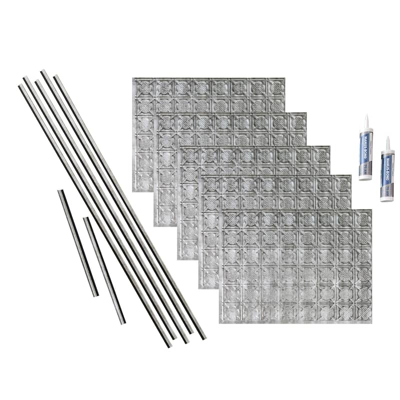 FASÄDE Traditional Style 6 Decorative Vinyl Backsplash Panel - 15 Sq Ft Kit - Crosshatch Silver
