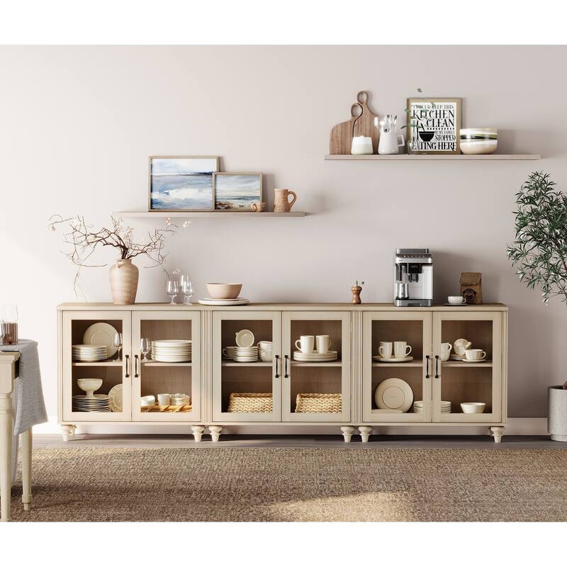 Kitchen Sideboard Buffet Cabinet, Glass Display Cabinet with Storage - 100 Inch - Beige