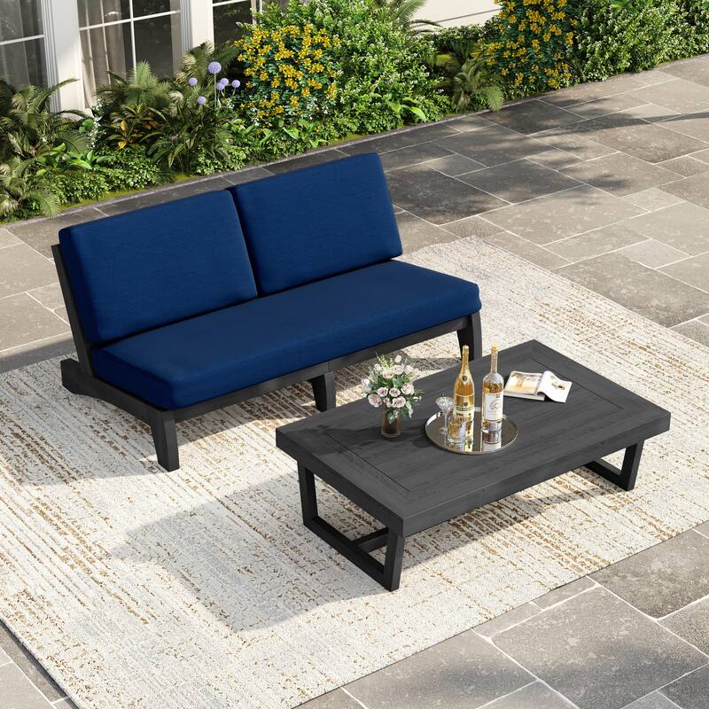 3 Seat Wood 64" W Cushioned Outdoor Patio Sofa with Coffee Table - Dark Wood - Navy